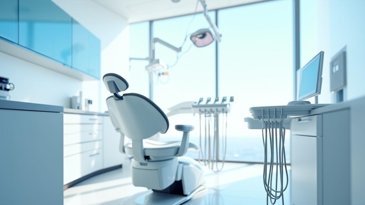 Modern and high-tech dental operatory with blue dental chair