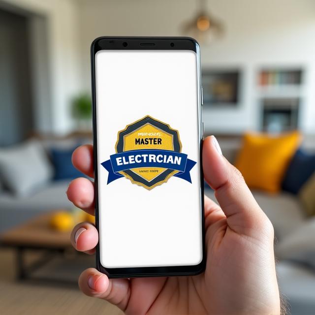 Smartphone displaying a professional electrical service advertisement with a licensed badge