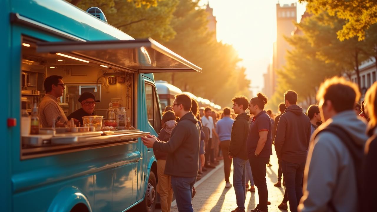 A vibrant crowd of happy customers lining up at a modern food truck window during a sunny day