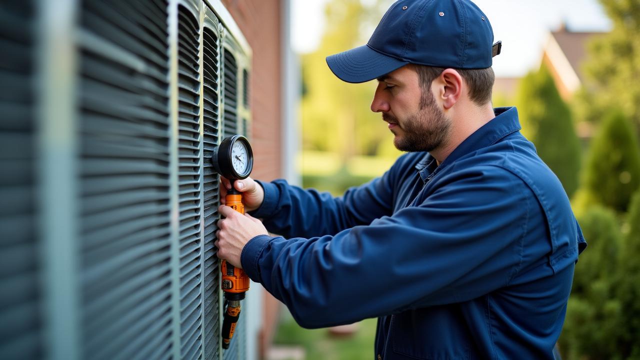 Professional HVAC technician performing diagnostics on an outdoor AC unit