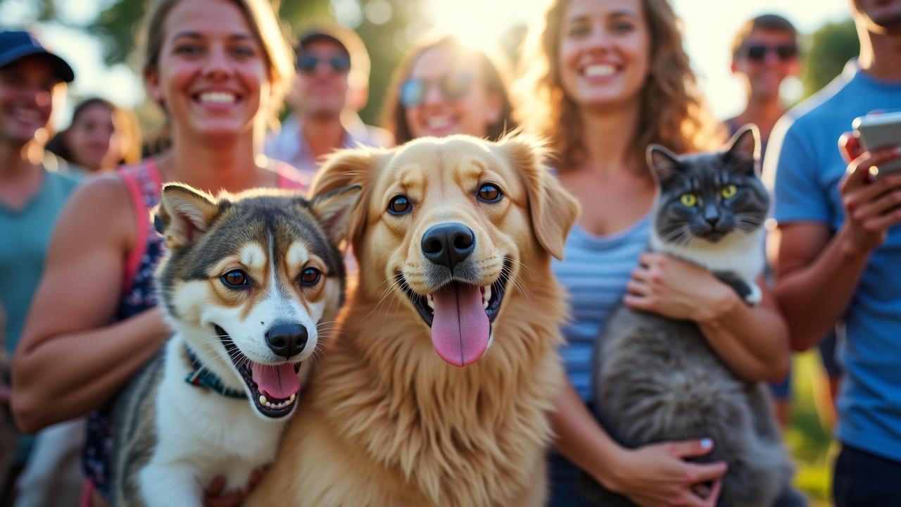 A vibrant collage of happy pet owners and their dogs interacting at a local pet community meetup