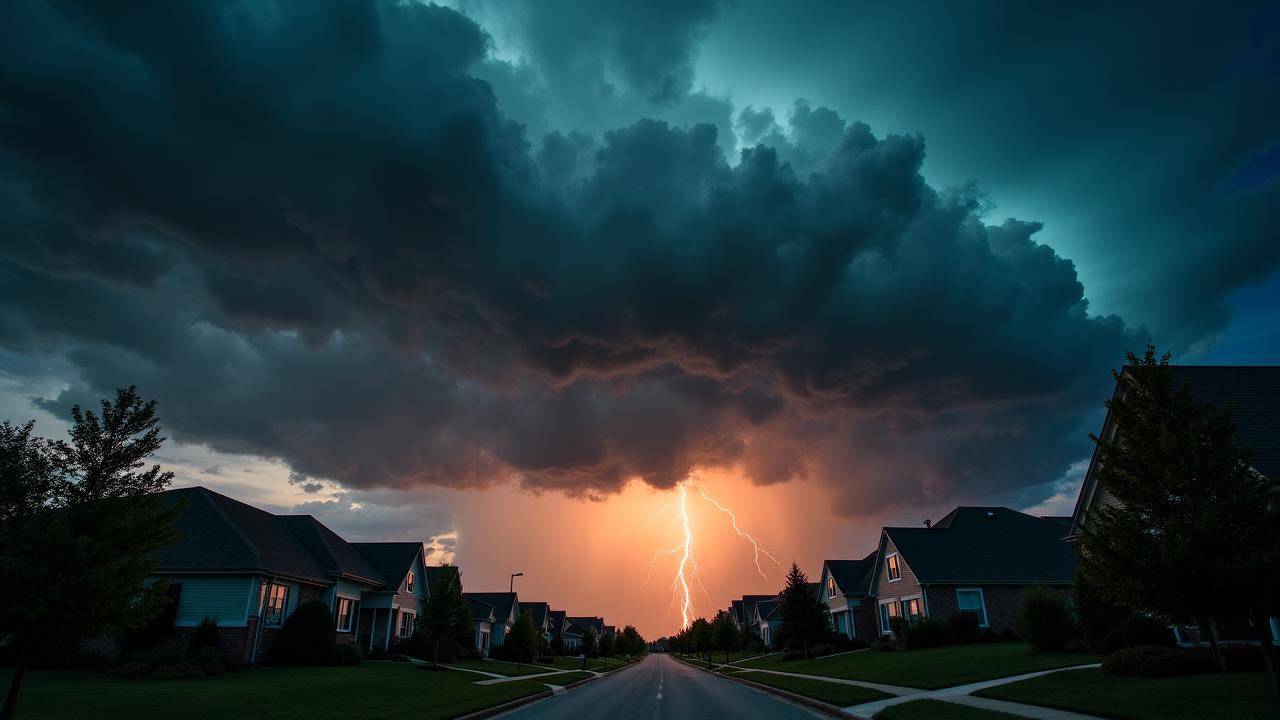 Menacing storm clouds over a residential neighborhood at dusk